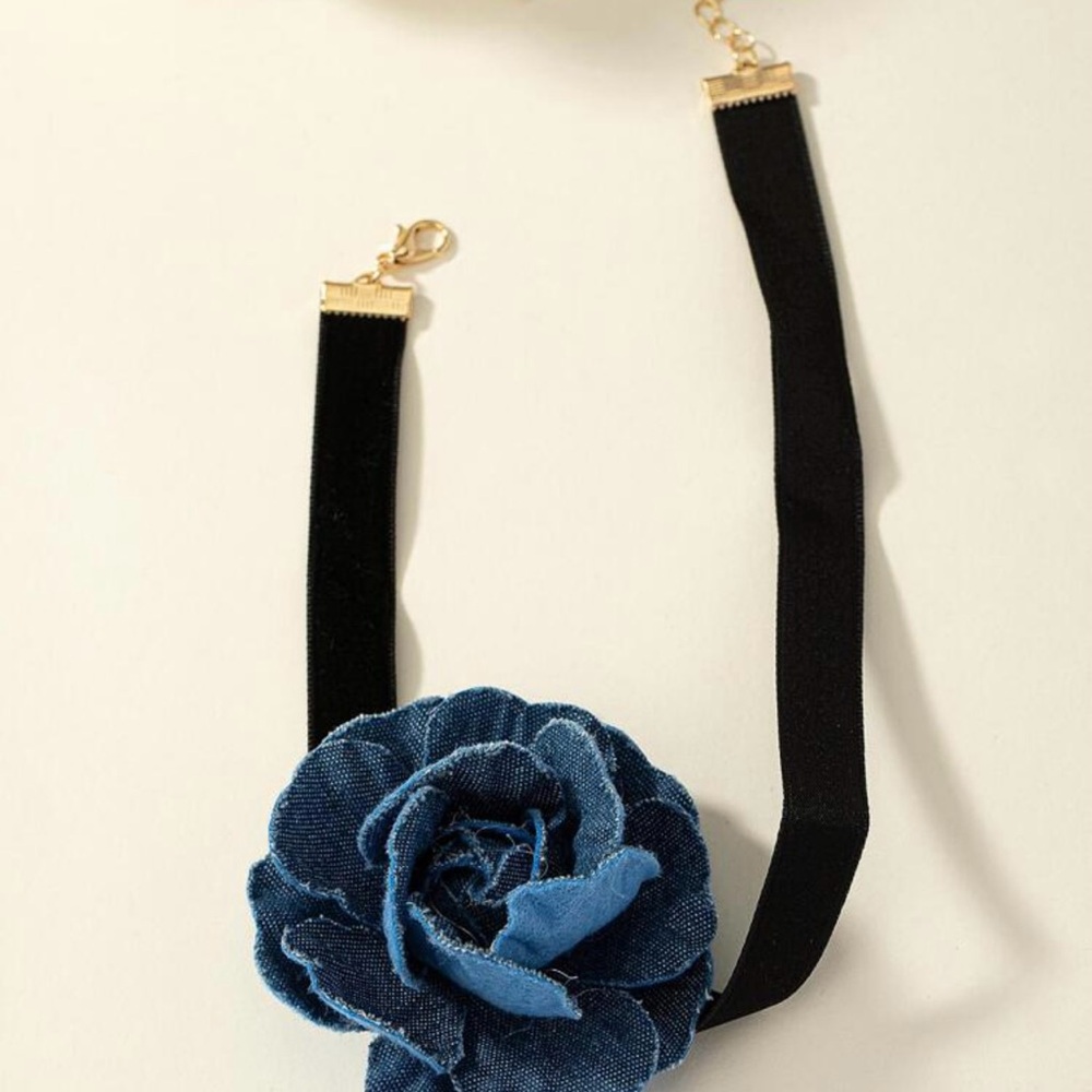 Black Velvet Choker Necklace with Blue Denim Flower